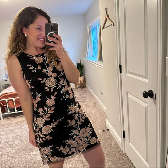 Jessica Howard Black Pink Gold Floral Embroidered Mini Dress 6 - Picture 3 of 10